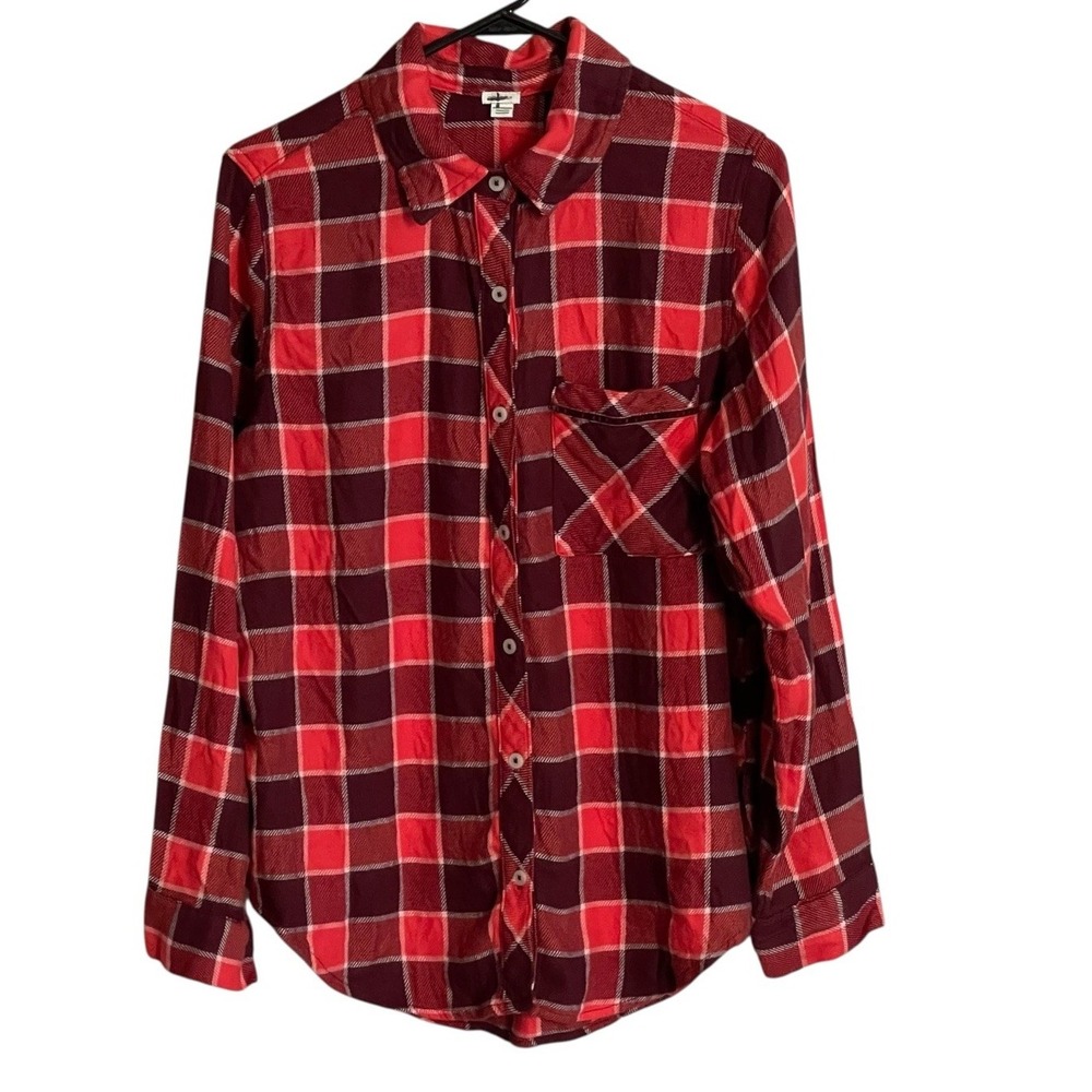 Aerie Women's Red Plaid Flannel Shirt Size Small Long Sleeve Button-Up Oversize